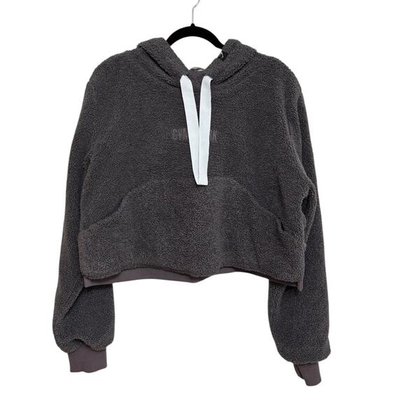 GYMSHARK Borg Cropped Hoodie in Gray Sherpa - Size M - Picture 1 of 7